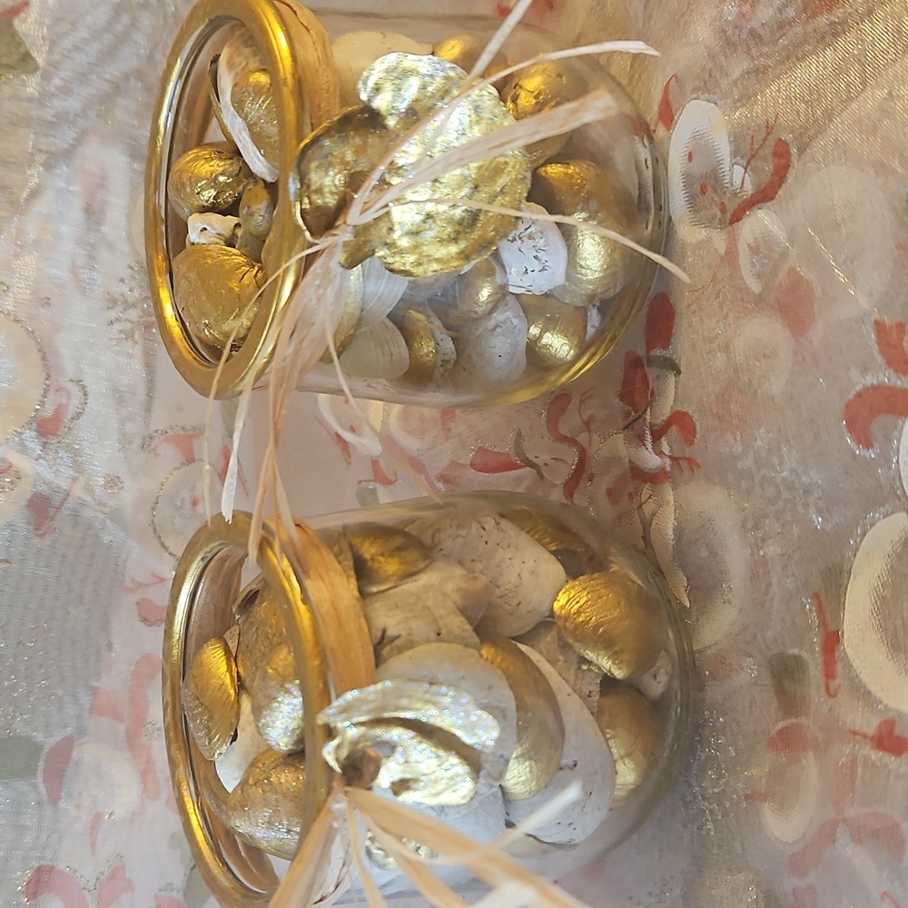 Decorative Glass Jars w/ Gold Trim & Sea Shells. Handmade